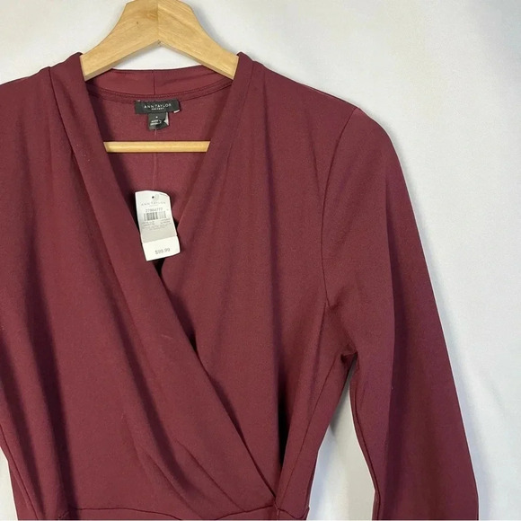 Ann Taylor Burgundy Red Wrap Front Long Sleeve Midi Dress S - Picture 4 of 4
